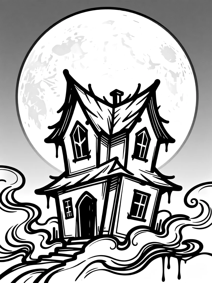 A Halloween scene with a haunted house silhouetted against a full moon.