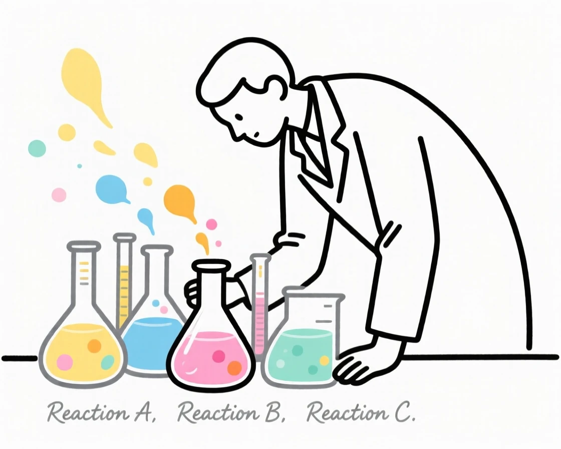 A researcher examining a colorful array of chemical reactions in beakers.