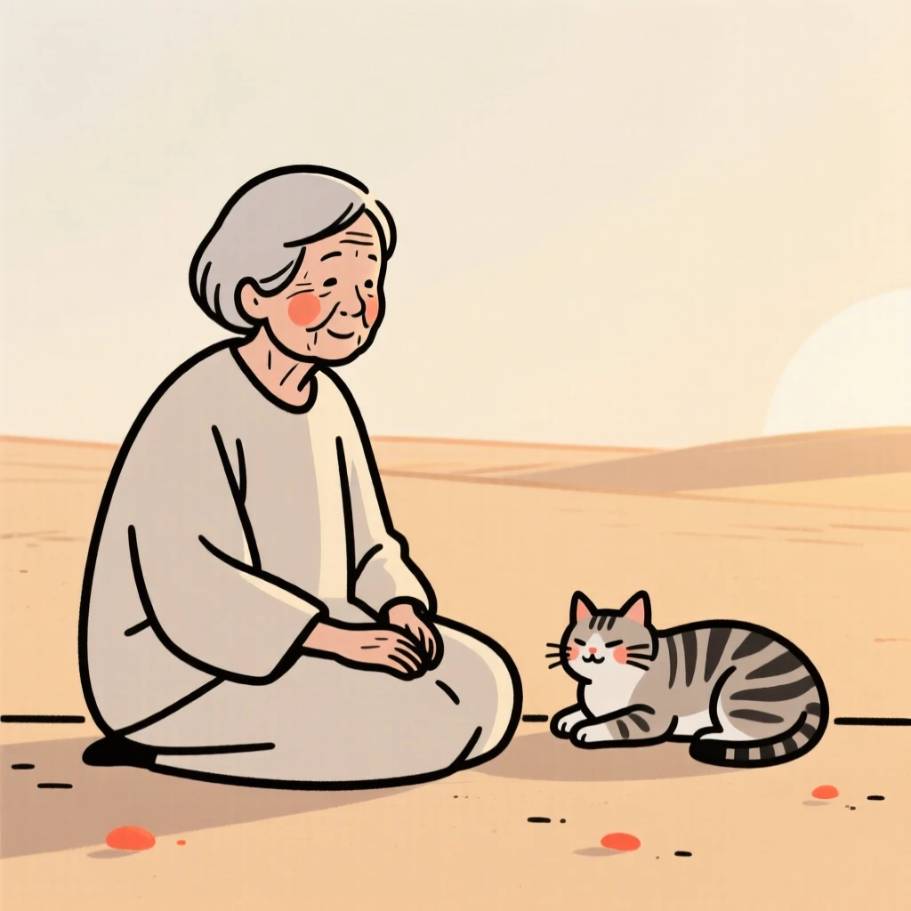 An elderly woman with a tabby cat curled nearby, in a desert at golden hour.