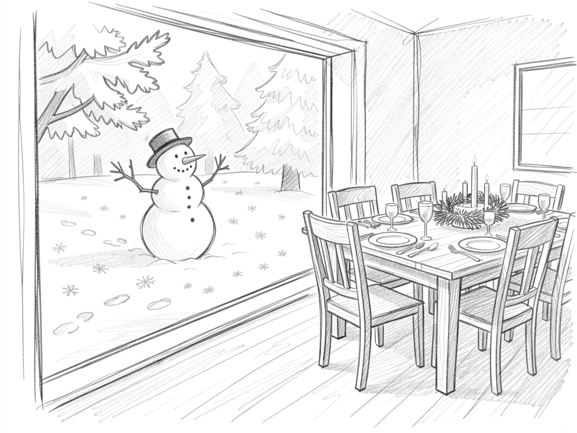 A joyful holiday moment: a snowman standing in a quiet snowy yard in a beautifully set dining room, with an atmosphere of celebration and togetherness.