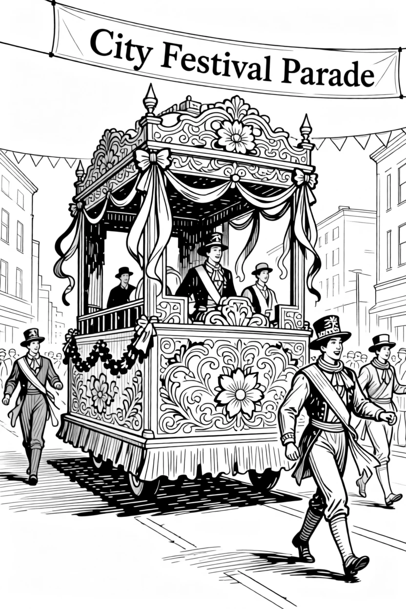 A beautifully decorated float parading through a festive city street celebration.