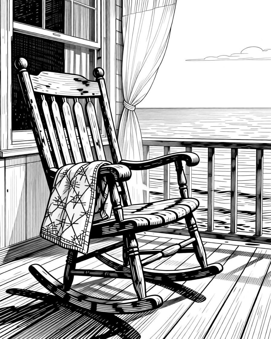 A rocking chair on a porch overlooking the sea with a gentle breeze drifting through an open window, with a folded quilt with hand-stitched patterns, evoking a calm and restorative sense of calm.