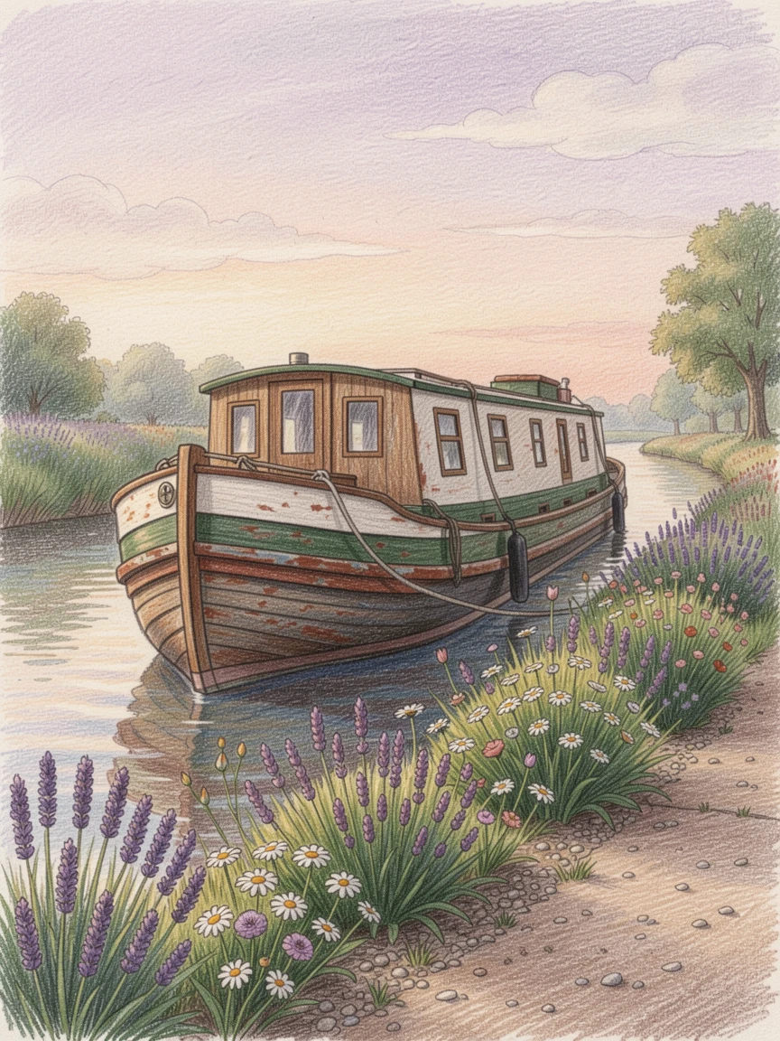 A rustic canal boat drifting past blooming towpath gardens, set against a softly lit, atmospheric backdrop, full of charm, emotion, and visual delight.