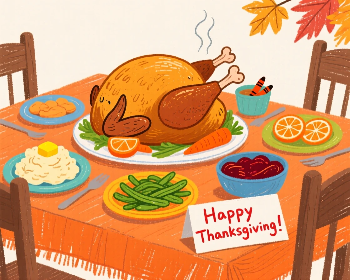 A table set for Thanksgiving dinner with a golden roasted turkey.