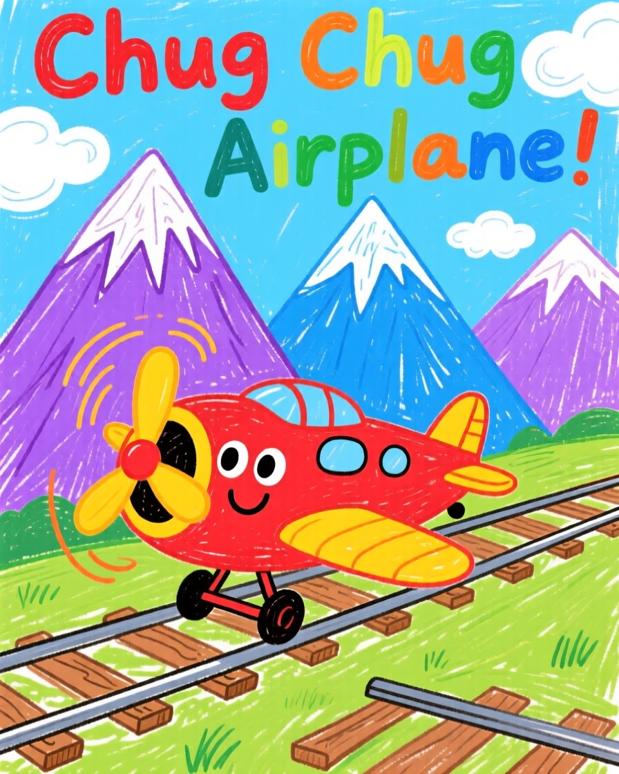 A small propeller airplane chugging along tracks beside a mountain range.