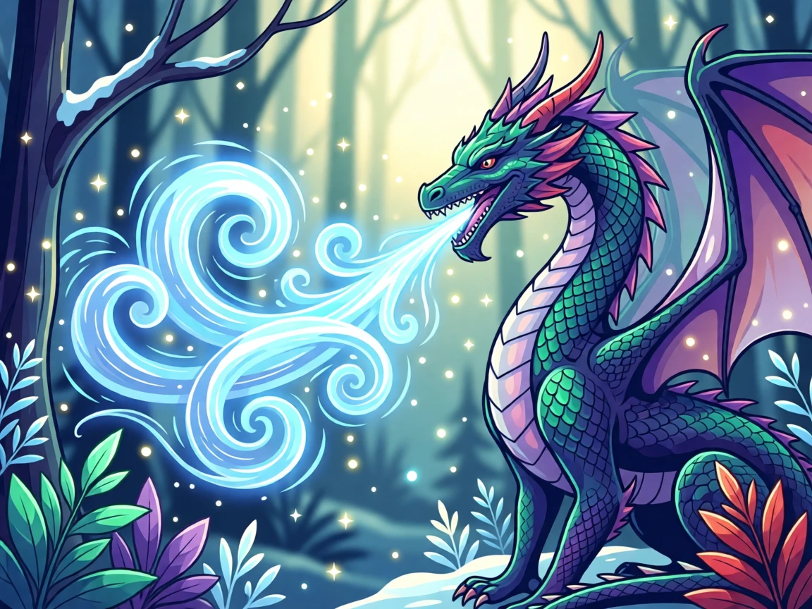 A dragon's breath forming glowing patterns in the winter air, set within a mystical realm glowing with soft magical light, arranged with soft sparkles and glowing highlights throughout, with rich jewel tones that evoke wonder and imagination.