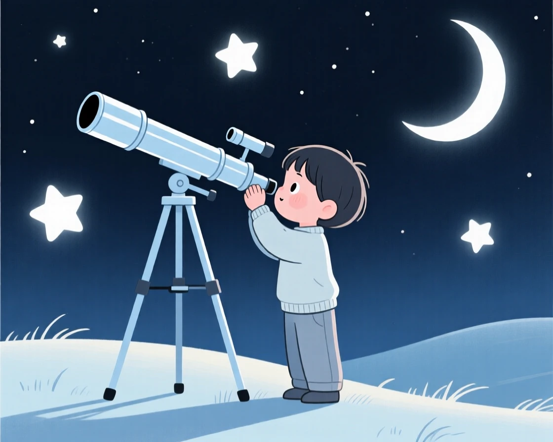 A young child using a telescope to look at the stars for the first time.