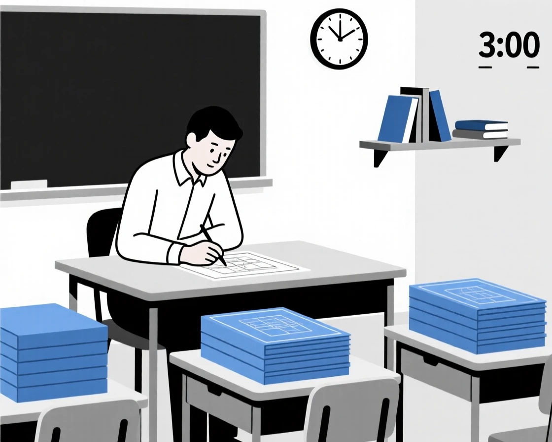 A focused teacher in a classroom working at a home studio, surrounded by stacks of blueprints, expressing steady concentration.