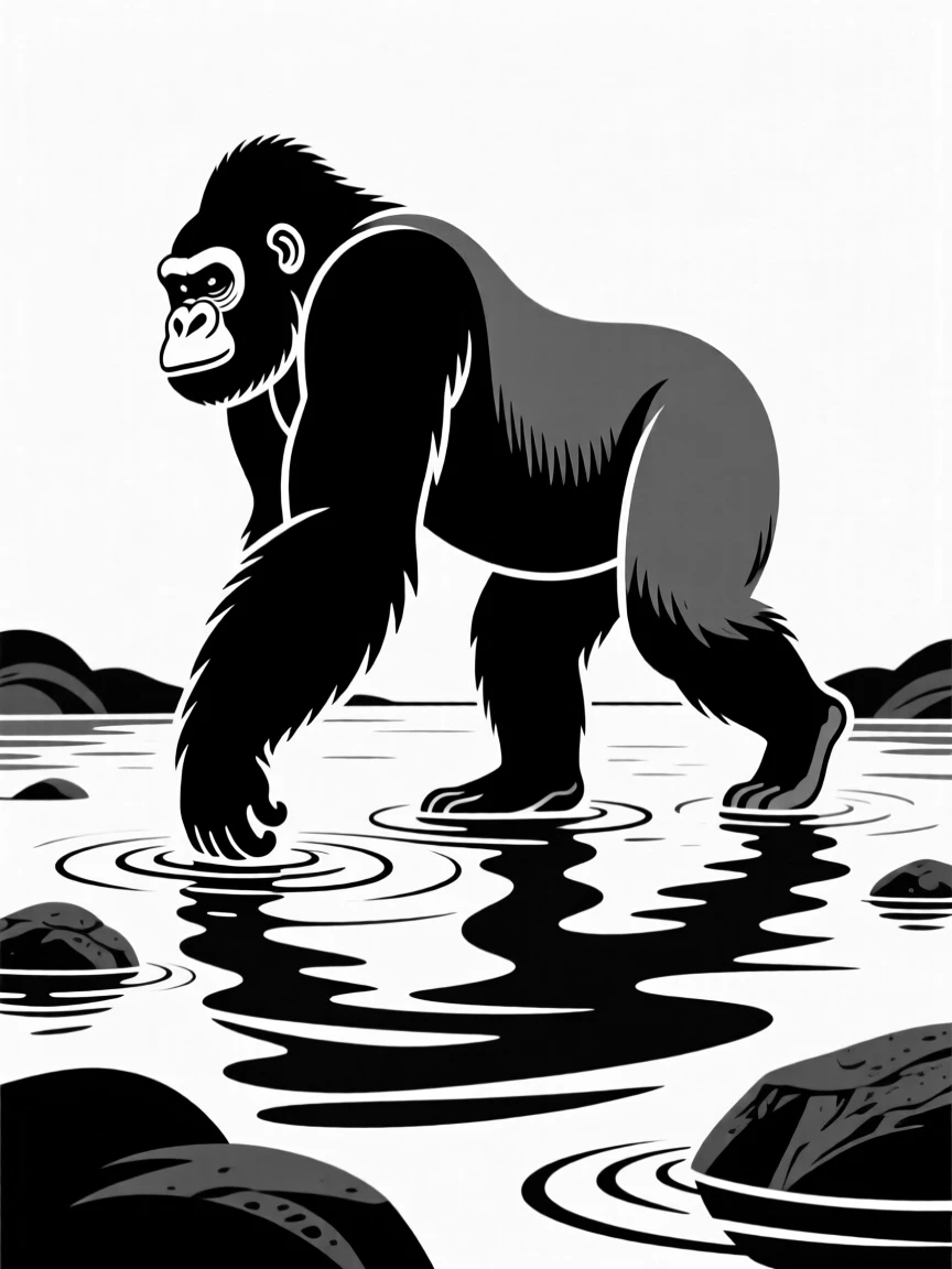 A mountain gorilla crossing a shallow river.