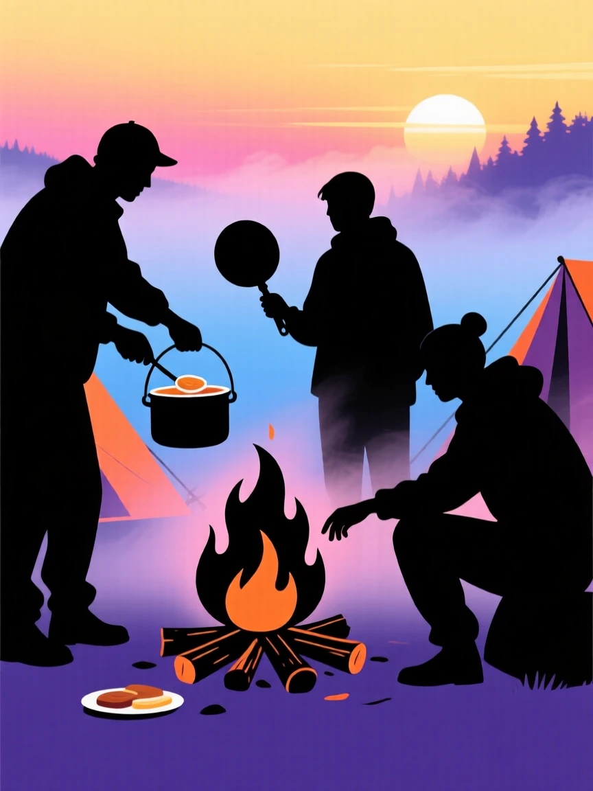 A group of campers cooking breakfast over a fire as morning mist lifts.