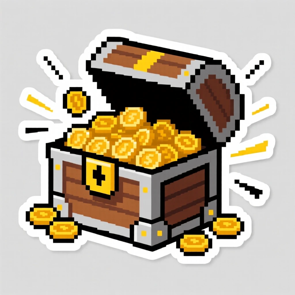 A wildly imaginative 8-bit style treasure chest overflowing with gold coins, with motion lines emphasizing speed and power, during an exciting made-up adventure.