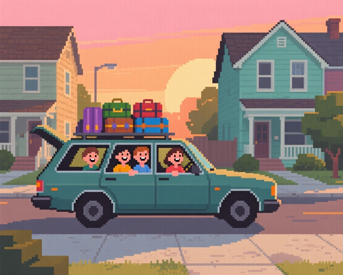 A family road trip car packed with luggage laughing together on a warm summer evening, on a neighborhood sidewalk lined with old houses.