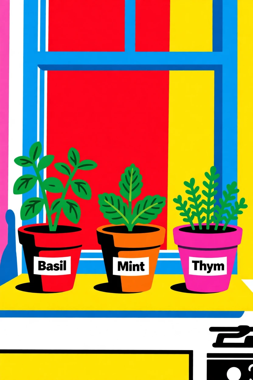 Home garden herb pots on a kitchen windowsill