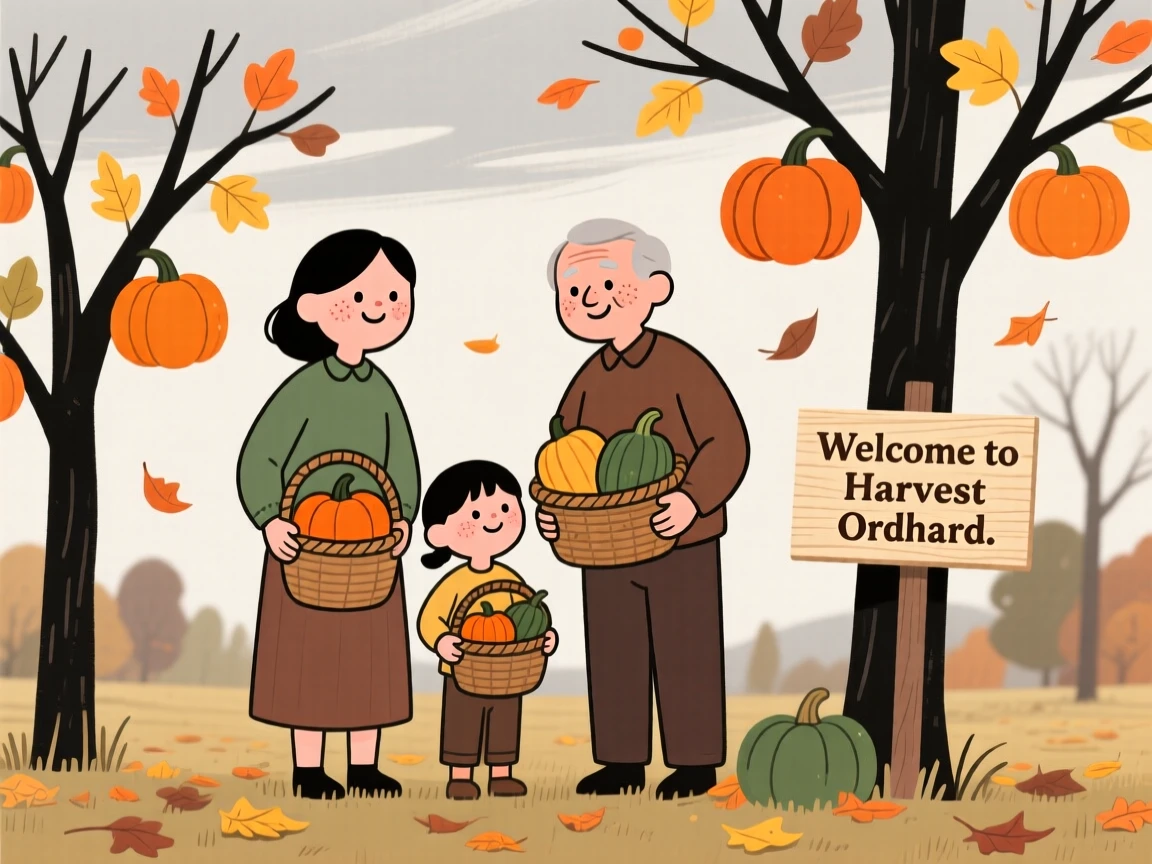 A family gathers baskets of squash in a autumn orchard as the first falling leaves drift down around them under a overcast gray sky.
