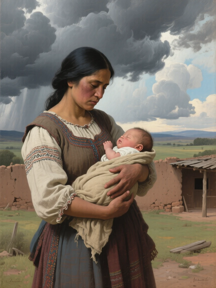 A medium shot of a mother cradling her newborn child, beneath heavy grey storm clouds, in colonial Mexico.