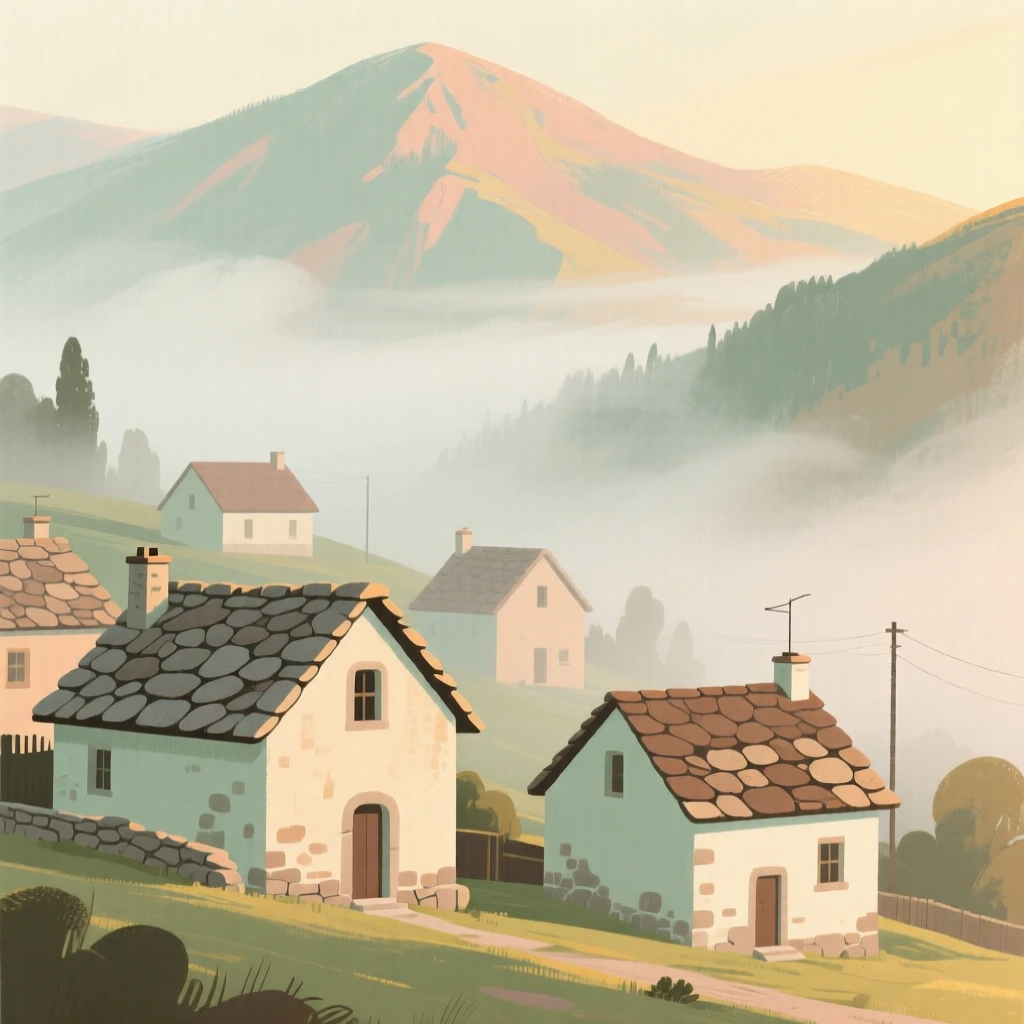 A mountain village of stone-roofed houses wrapped in morning fog