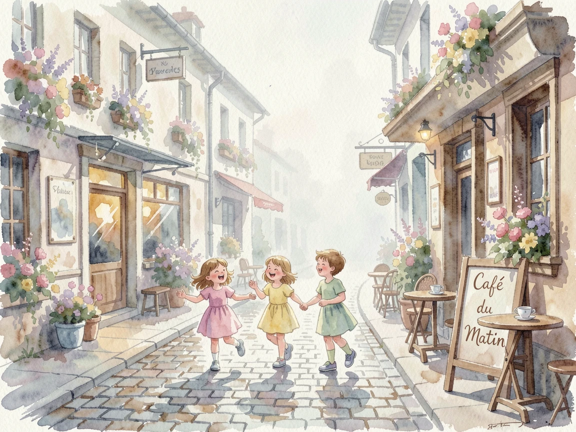 A cobblestone street lined with cafes and flower boxes with soft morning fog rolling through with children playing nearby.