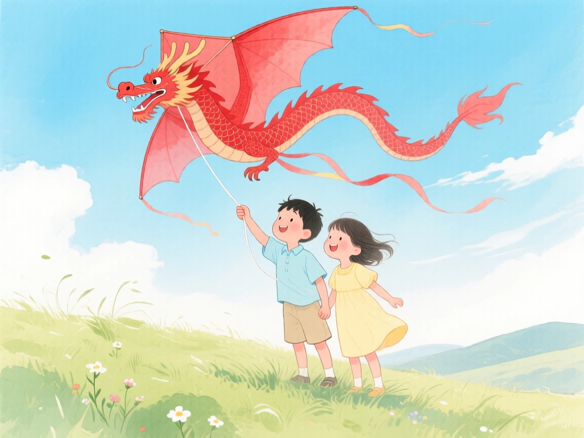 Two children fly a red kite shaped like a dragon across a windy hilltop meadow under a bright blue sky