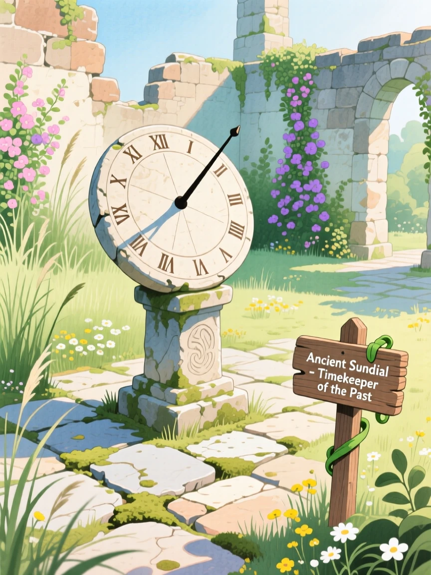 A wondrous view of an ancient sundial in an overgrown courtyard.