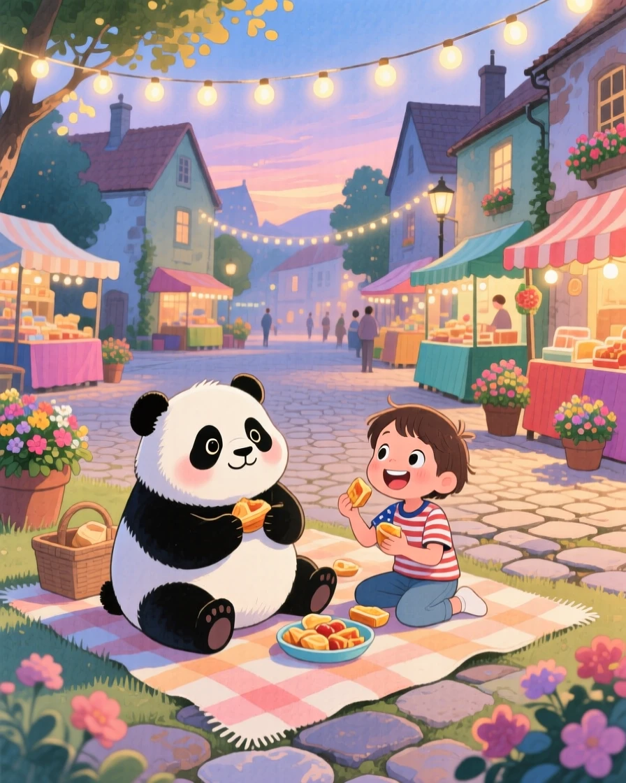 A chubby panda cub sharing a picnic blanket with a child, set in a village square decorated with fairy lights, filled with wide-eyed wonder.