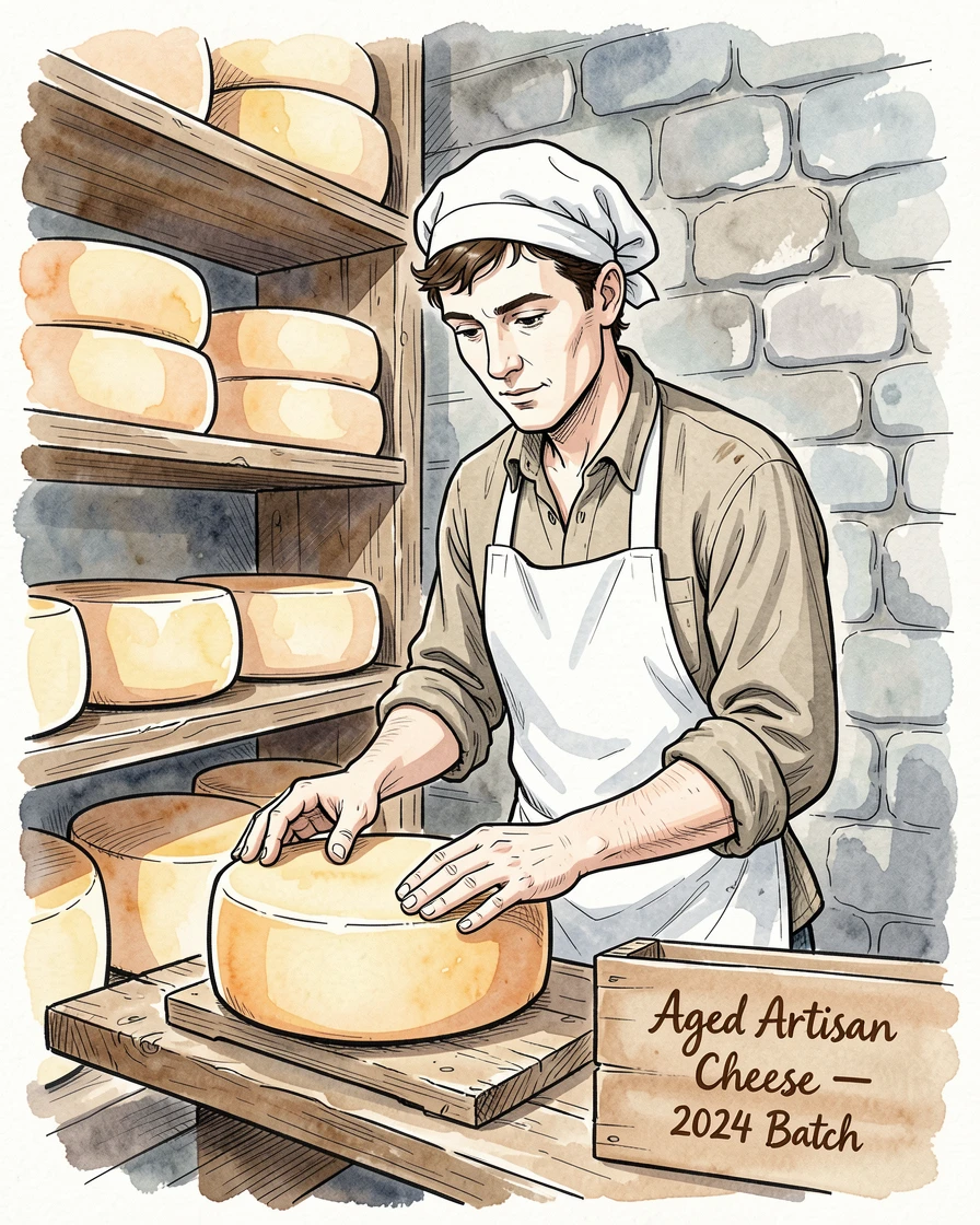 A cheese maker checking wheels of aging cheese in a cool stone cellar, a quiet sense of skill and patience throughout the scene.