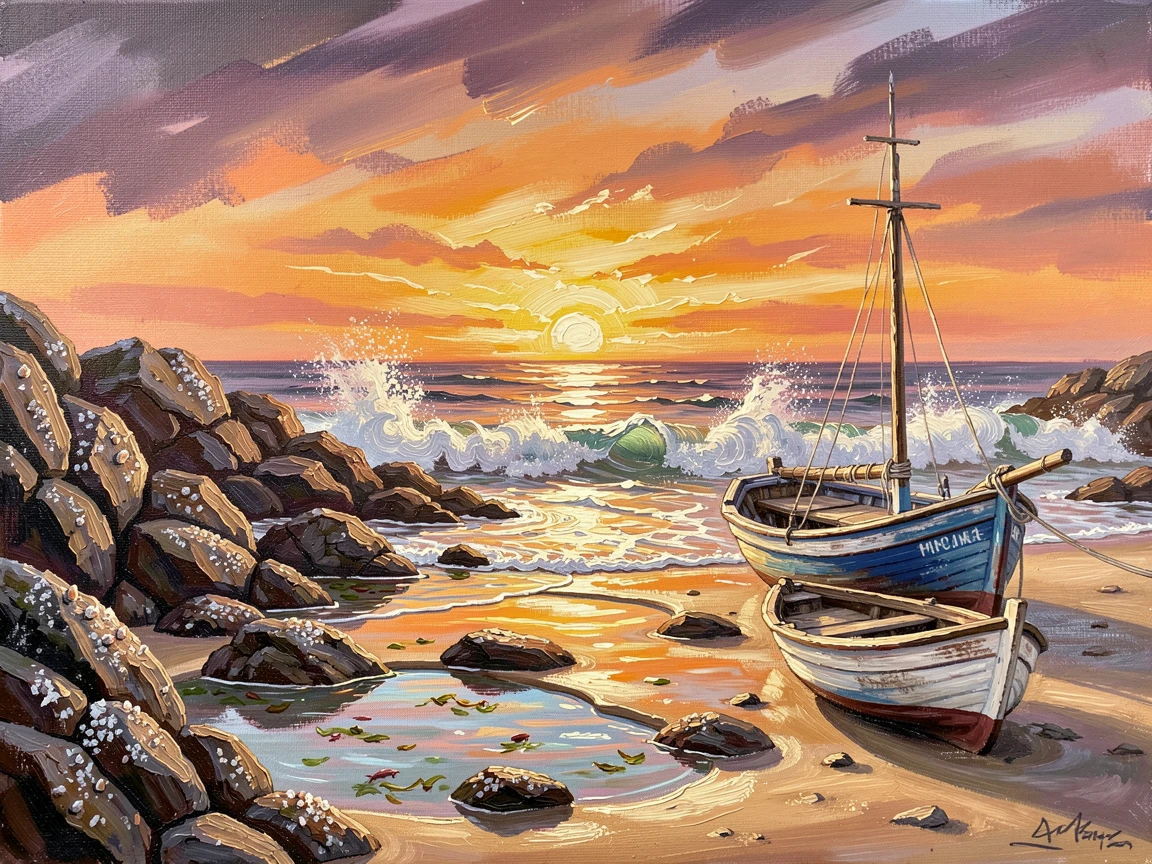At sunset, the sun sinking into the horizon in a blaze of gold, a rocky cove with tidepools, where fishing boats rest on the sand at low tide, sea spray catching the light above the crashing surf.
