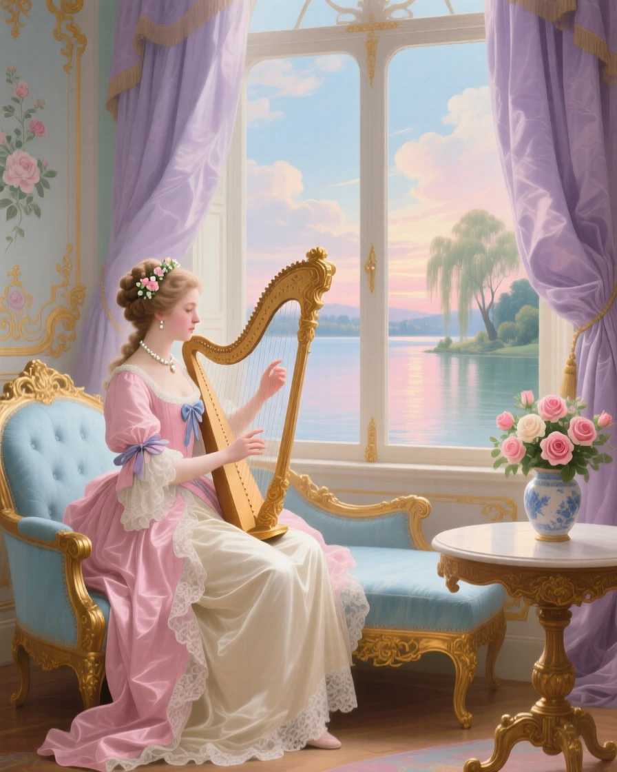 A princess playing a harp in a room overlooking a lake  