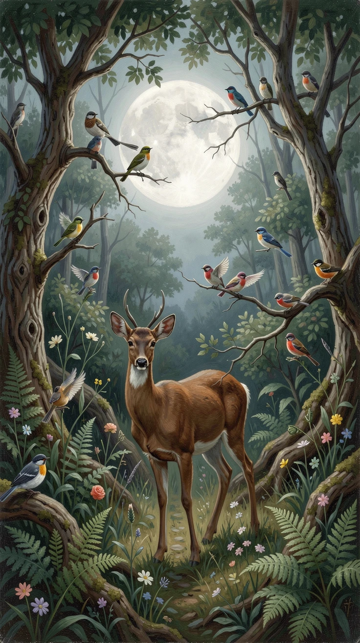 A gentle doe steps quietly through a thicket alive with birdsong under a full moon's pale light.