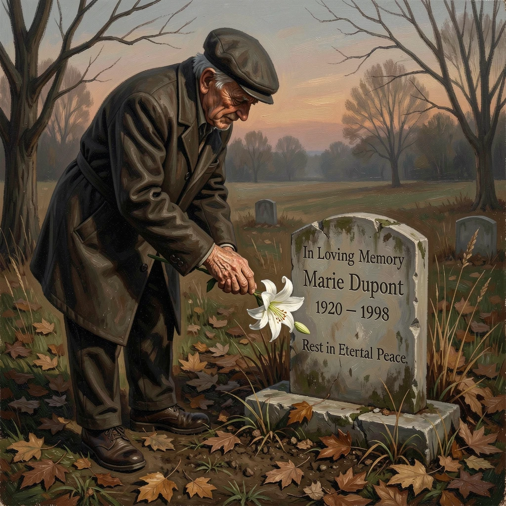An elderly man visiting his wife's grave, laying down a single flower, with hands clasped tightly, conveying connection and support, offering a genuinely moving and unforgettable emotional moment