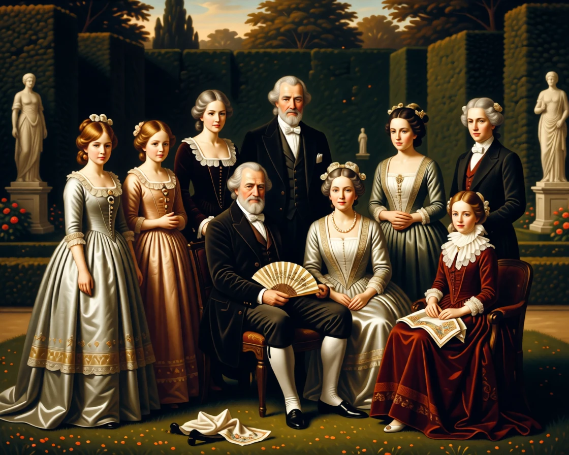An elderly patriarch surrounded by three generations of his family amid the elegant bustle of a formal evening, set in a formal garden with clipped hedges and marble statues, with a fan, a pearl necklace, and an embroidered handkerchief as quiet accents; the composition arranges figures in a graceful arc around the focal couple, radiating celebration, elegance, and social grace.