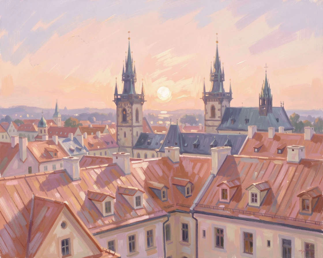 The rooftops of Prague's Old Town glowing under a pastel sunset, spires silhouetted against the sky, capturing a moment of quiet intimacy.