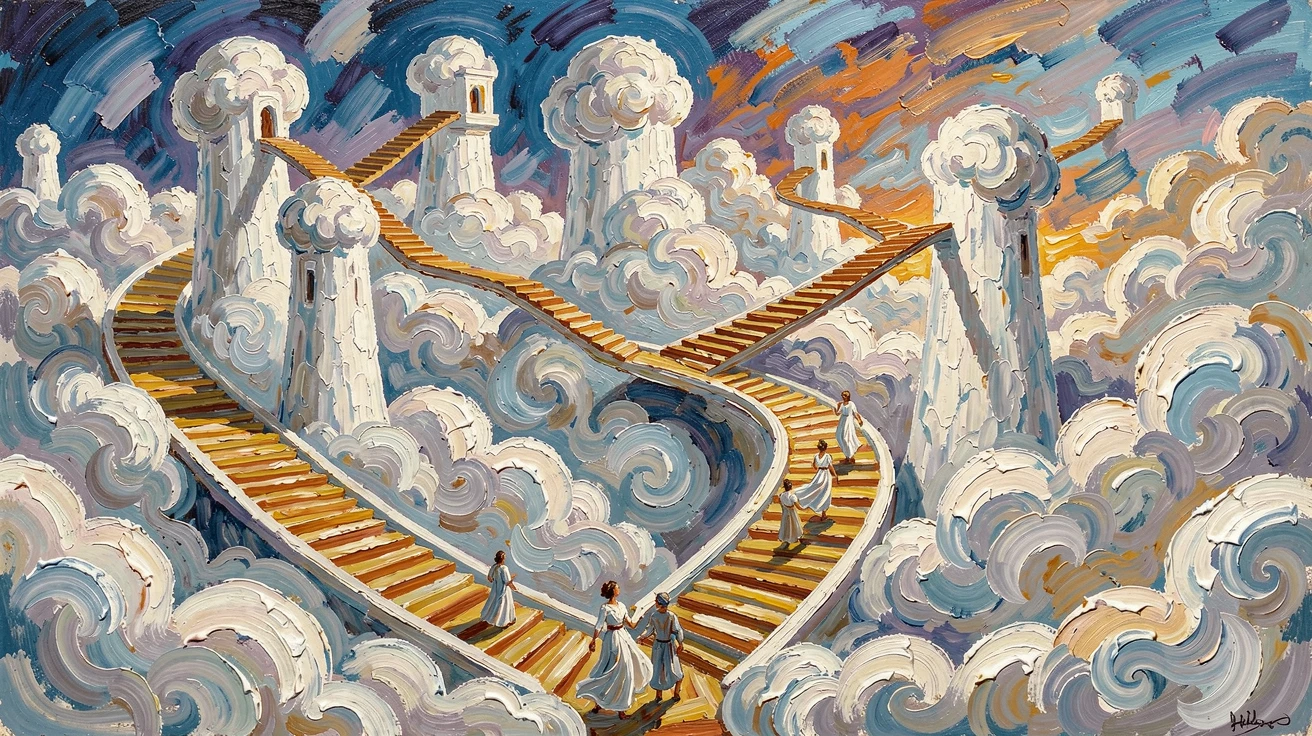 A cloud kingdom built atop billowing white towers, staircases leading into the sky.