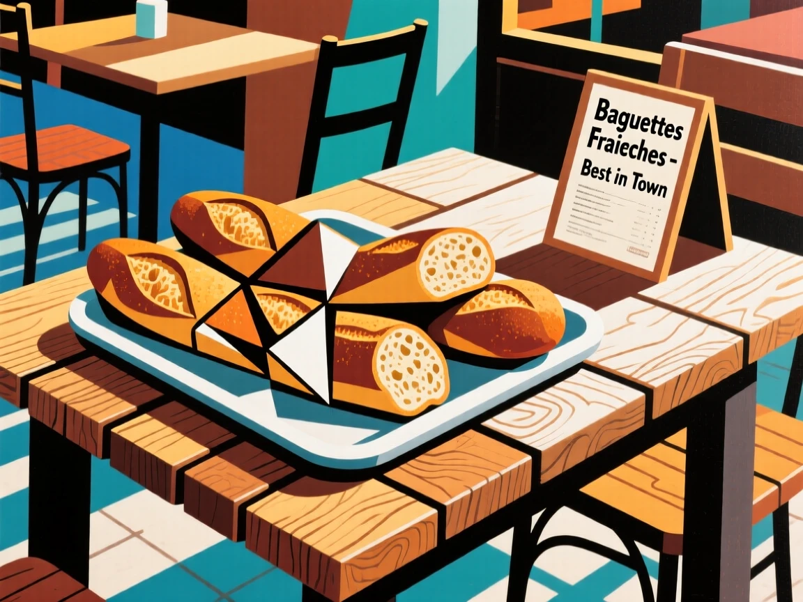 A mouthwatering image of a tray of fresh baked baguettes served on a rustic wooden table at a sunlit café.