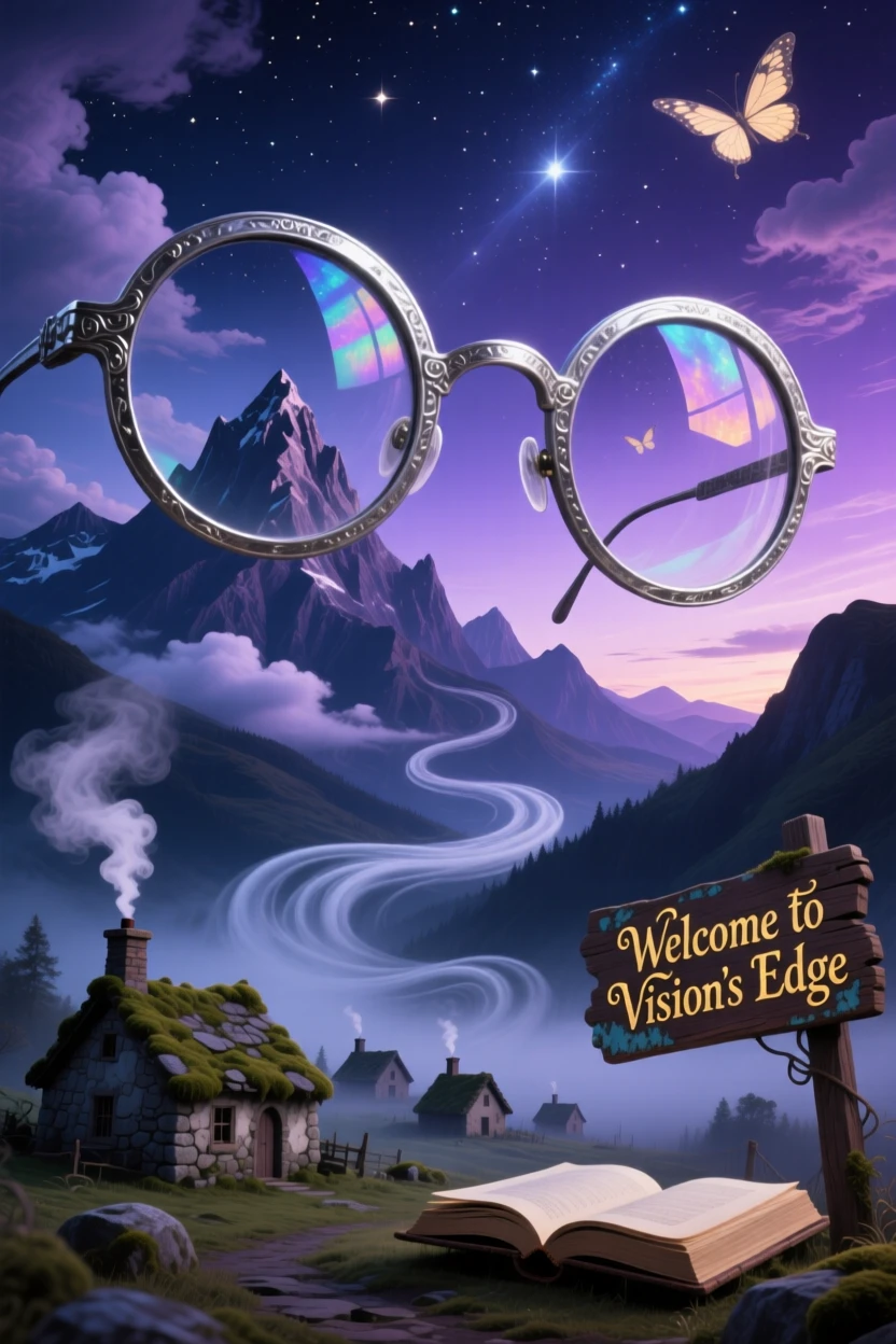 A colossal pair of spectacles framing a distant mountain range towers silently over a scattering of small stone cottages, as a soft mist curls around its enormous base.