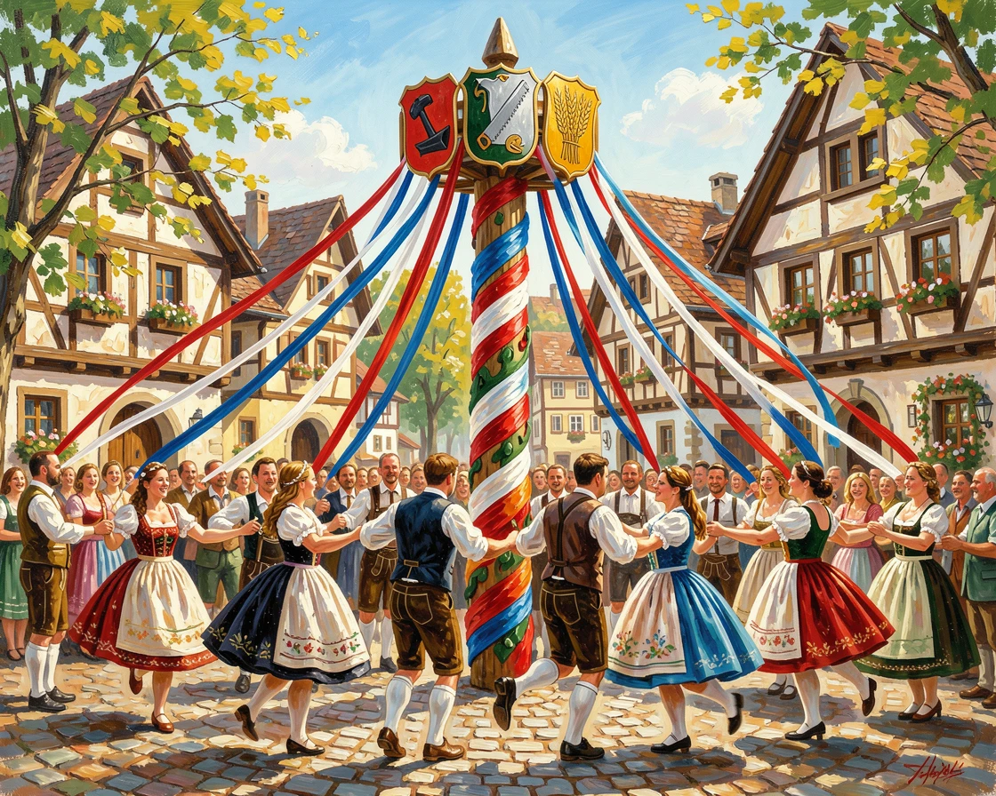 A traditional Bavarian Maypole celebration shows villagers dancing around a ribboned pole decorated with painted guild symbols, the surrounding crowd adding energy and movement to the edges of the composition.