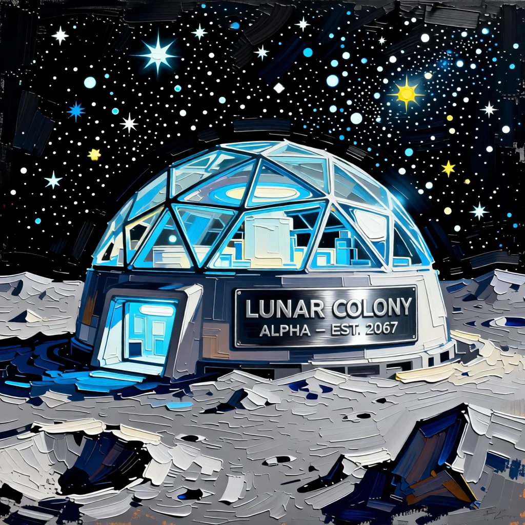A futuristic lunar colony dome glowing softly beneath a star-filled sky