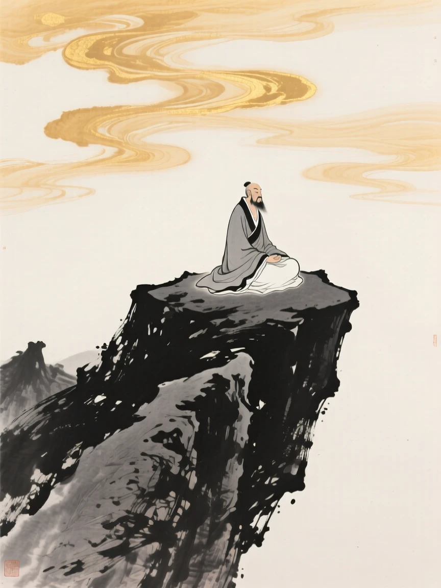 A robed immortal meditates atop a floating mountain peak, beneath a sky filled with drifting golden clouds.