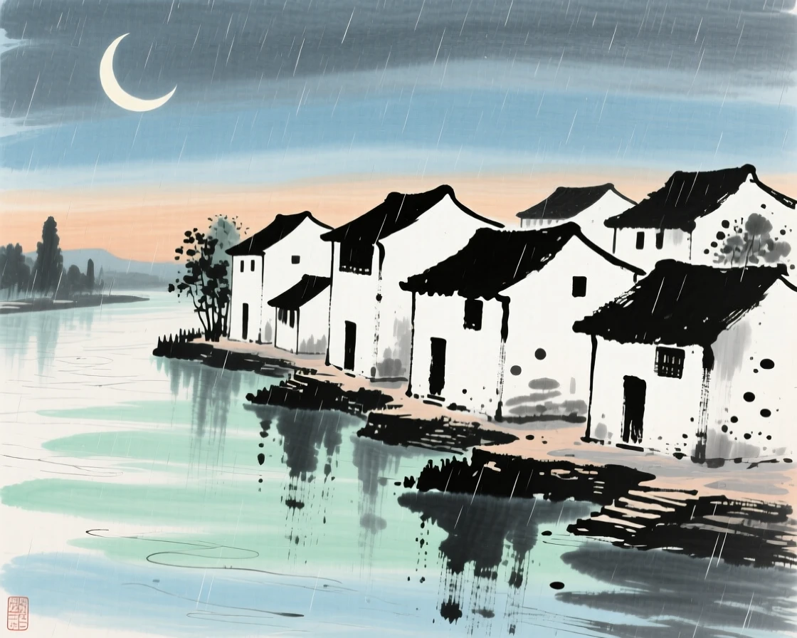 A cluster of whitewashed village houses beside a slow river, as summer rain begins to fall, beneath a crescent moon.