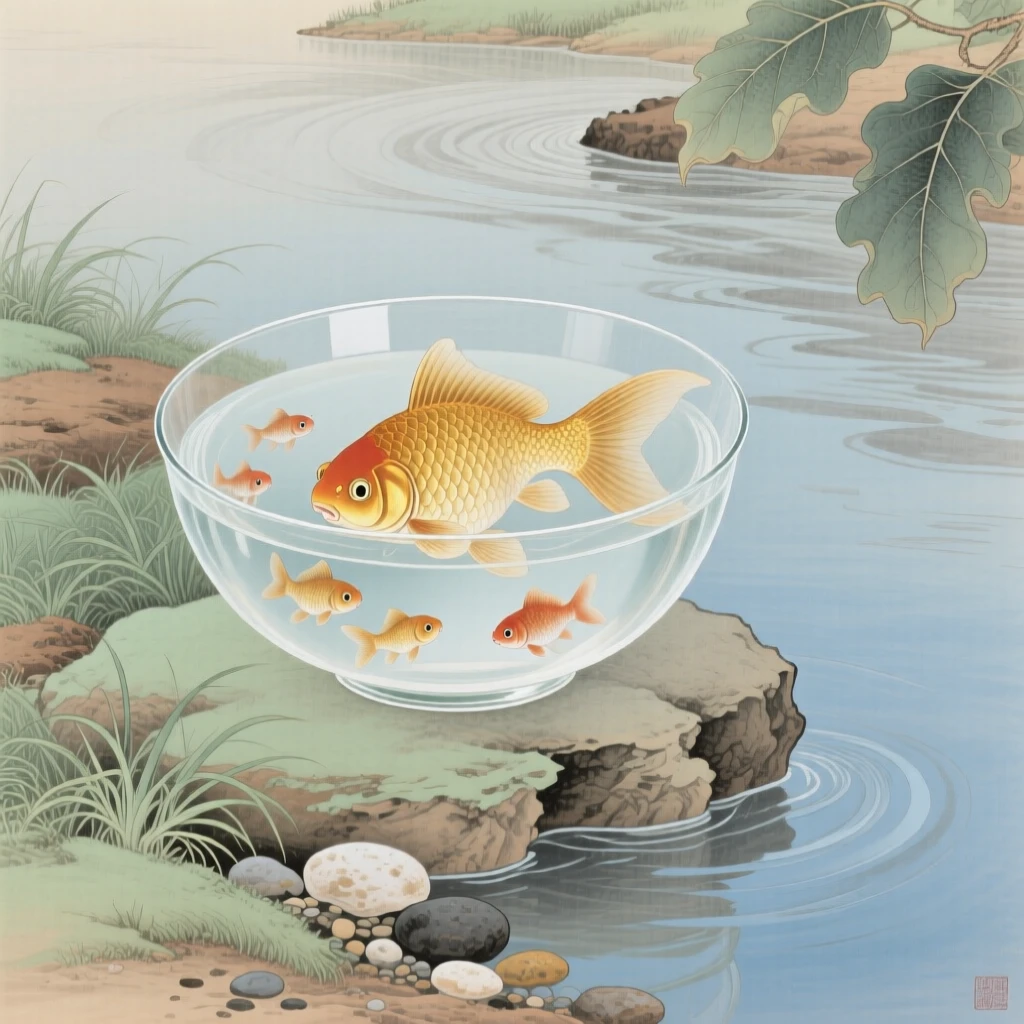 A goldfish in a round bowl following its mother along a riverbank