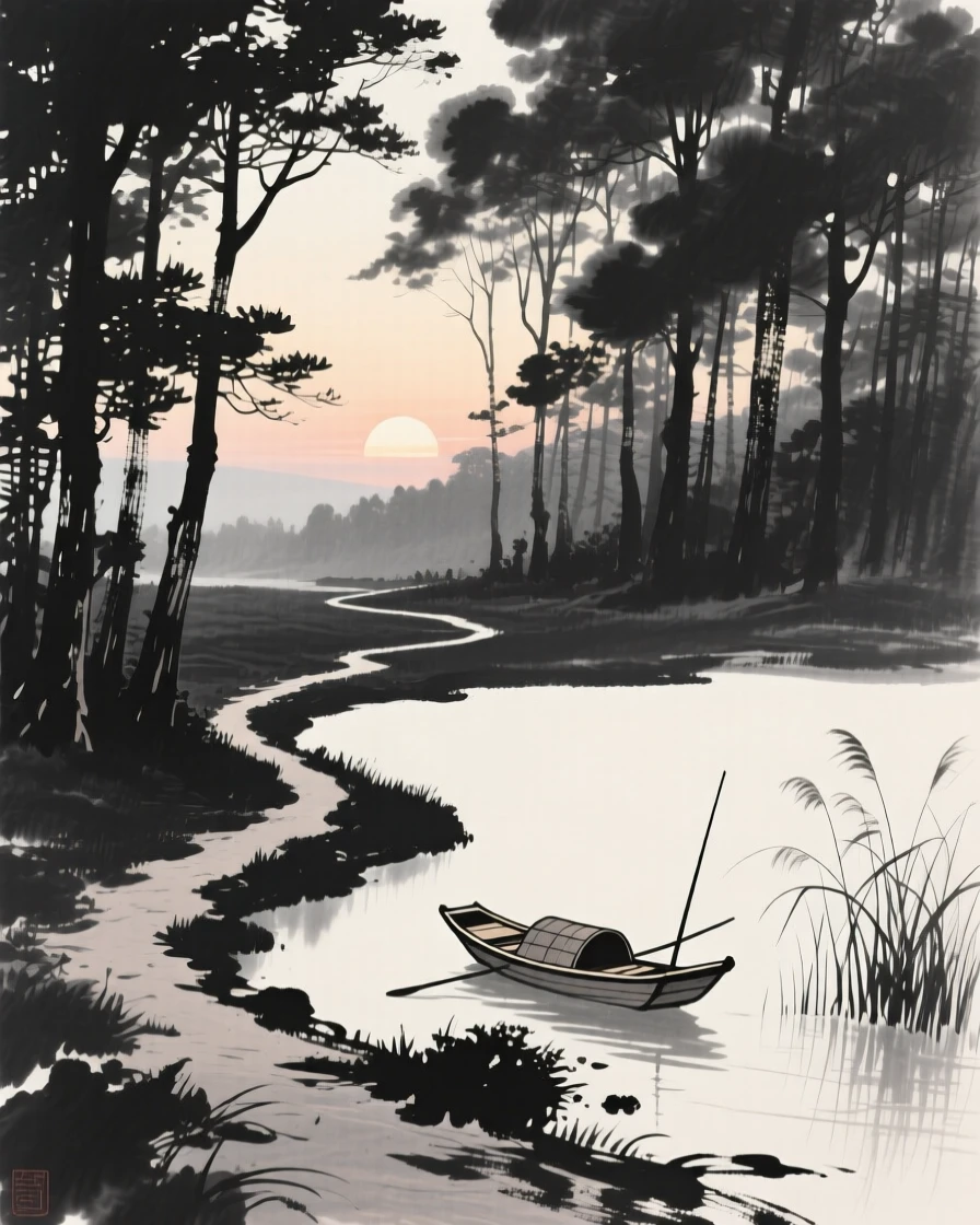 A quiet forest clearing dappled with soft light in the stillness just before sunrise, captured from a narrow path winding into the depth of the scene, with a small fishing boat anchored near the reeds, evoking a deep sense of solitude and quiet grandeur.