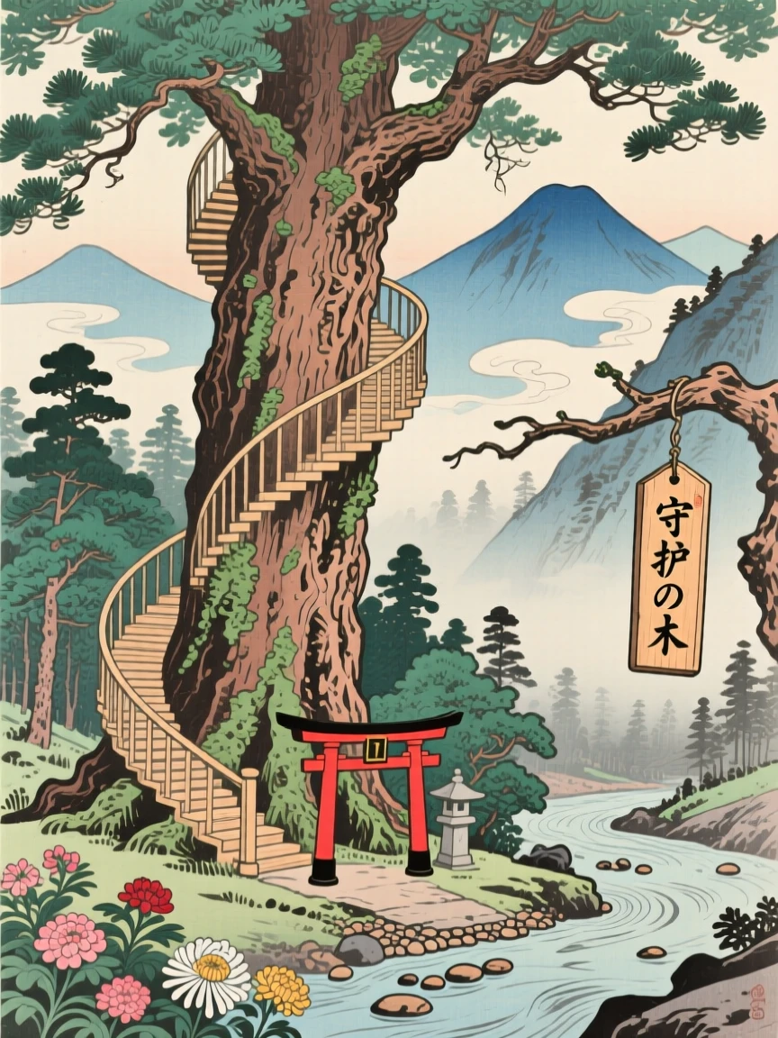 An ancient tree with a spiral staircase carved into its trunk, deep within a hidden mountain.