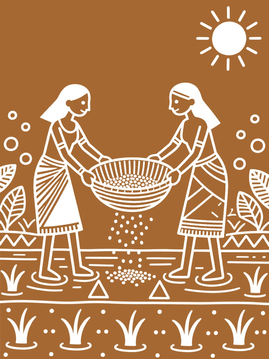 A woman winnowing grain working together in a flooded rice paddy.