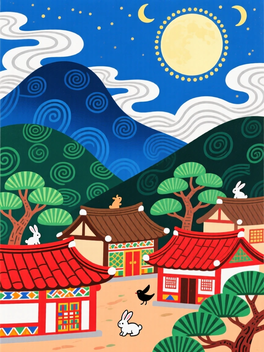 A quiet mountain village, beneath drifting clouds lit by moonlight.