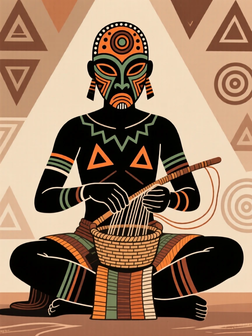 A masked ceremonial dancer seated cross-legged while working with practiced hands.