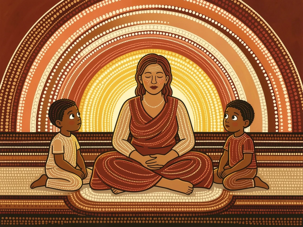 A grandmother telling stories to wide-eyed children at sunrise