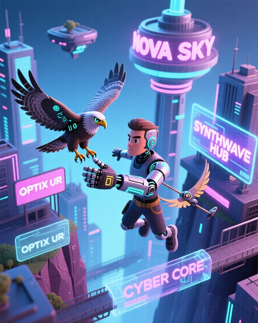 A cybernetic falconer releasing a robotic bird of prey over a neon-lit futuristic canyon city.