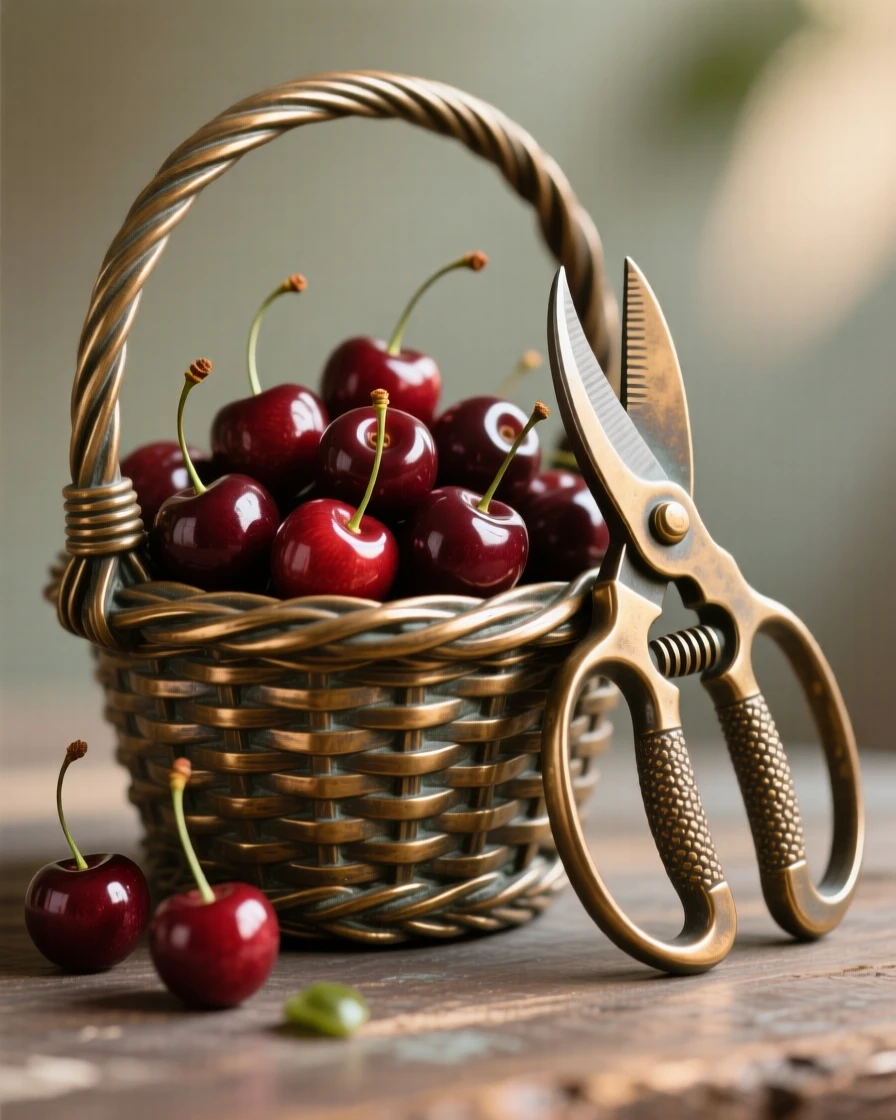 A basket of fresh-picked cherries beside garden shears, rendered with soft natural light and rich texture, forming an elegant, balanced composition
