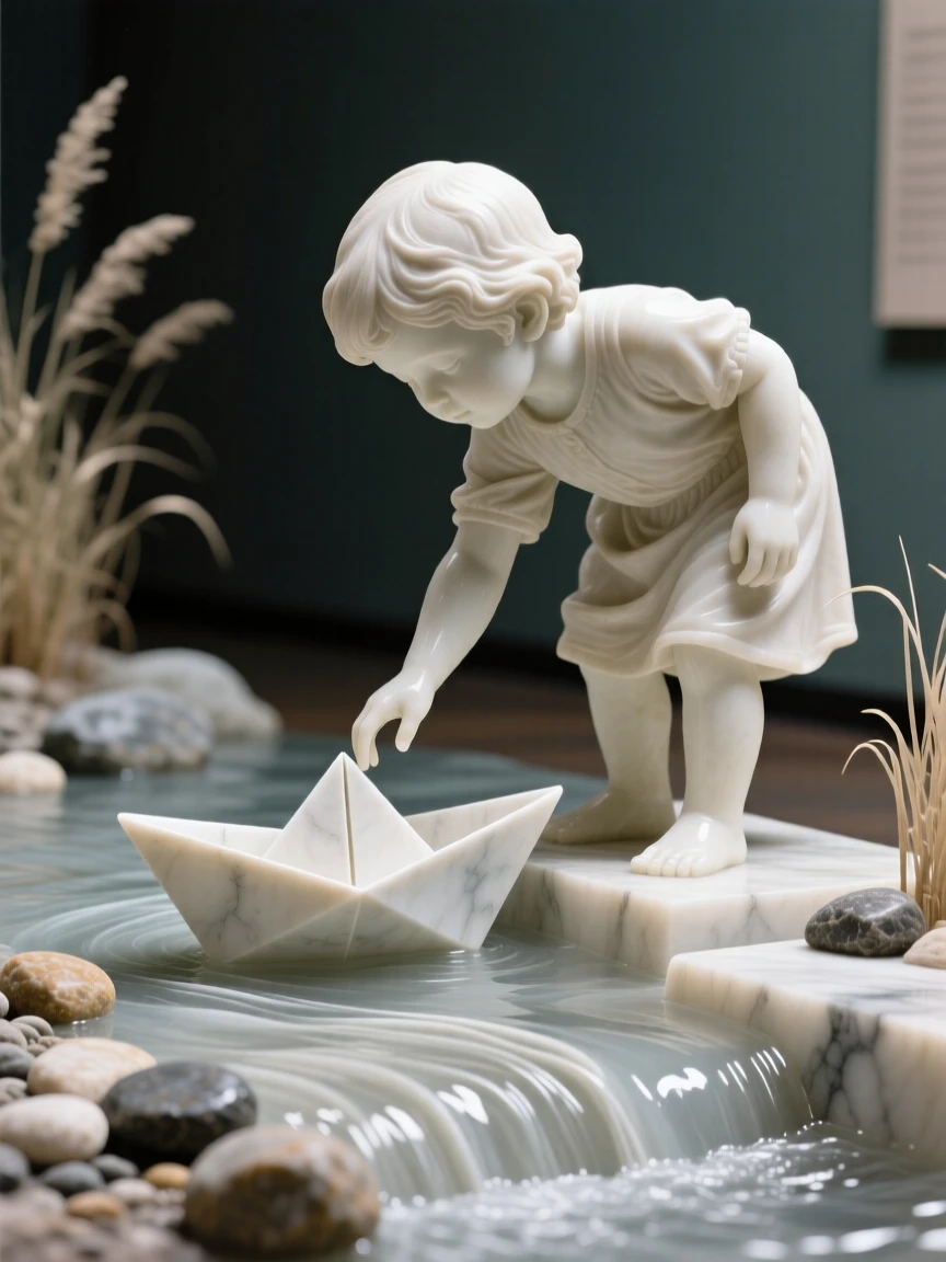 A vivid, emotionally rich scene of a child releasing a paper boat into a stream, in a moment of quiet stillness, designed to captivate and inspire