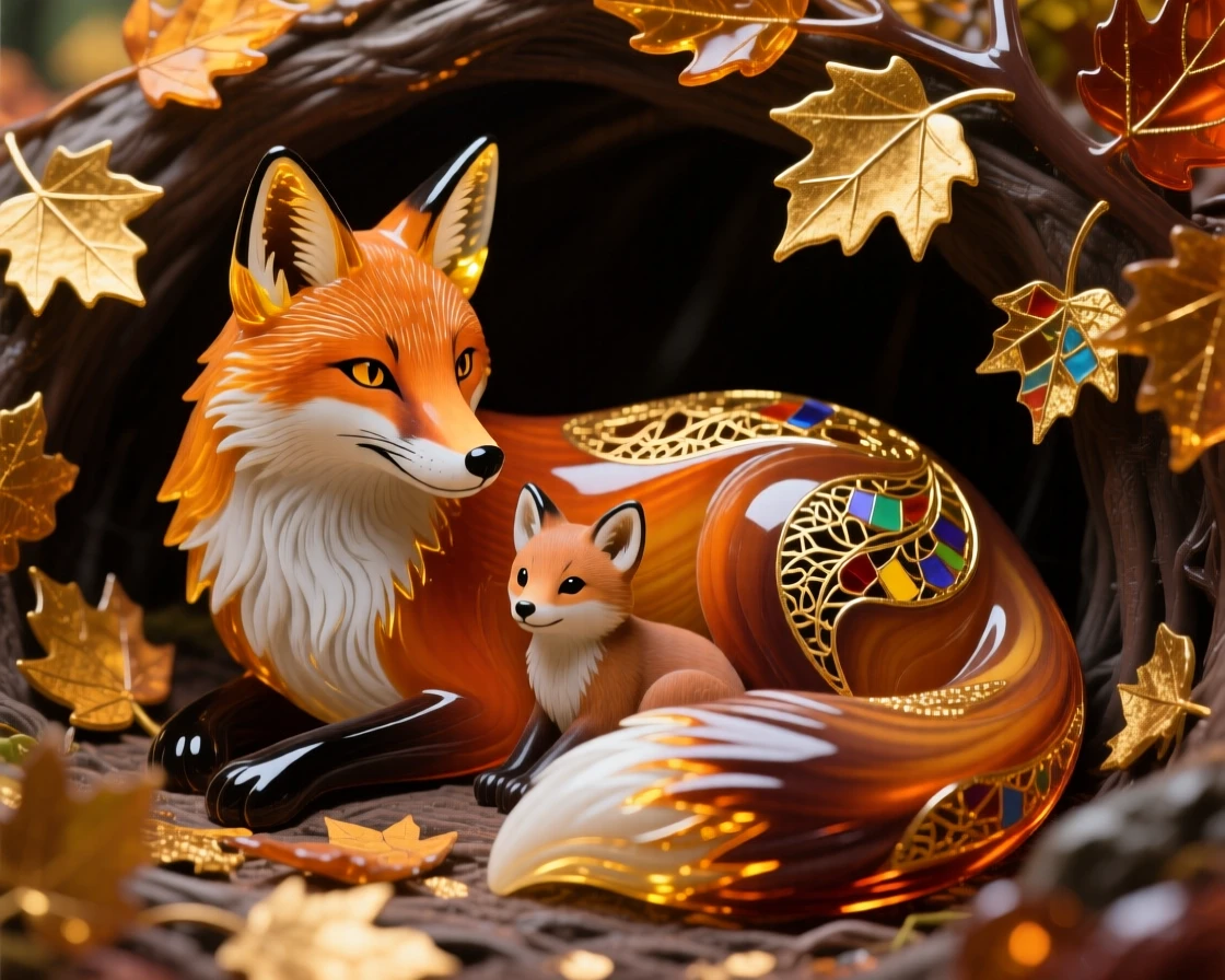 A mother fox and kits resting together in a den lined with golden autumn leaves, tender and warm.