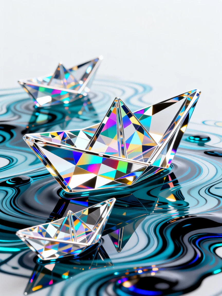 An abstract composition of paper boats sailing across a sea of swirling ink.